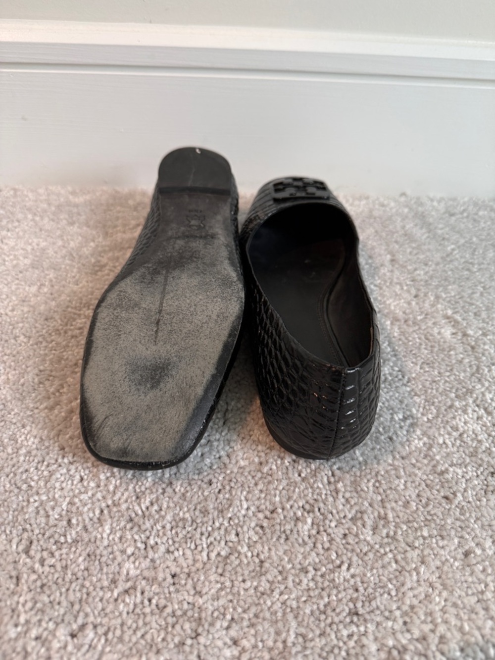 Black Tory Burch Croc-Embossed Ballet Flats with Logo Accent - Picture 2 of 2